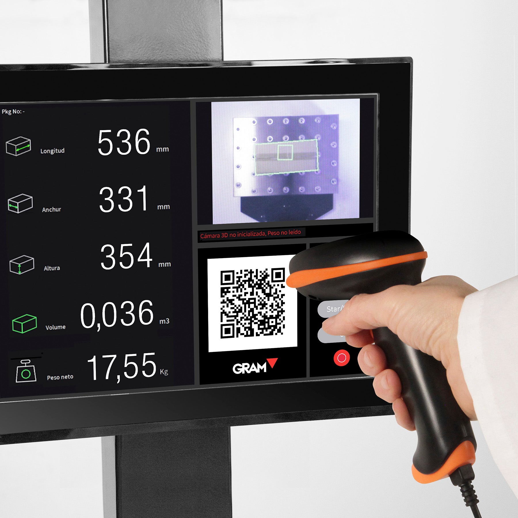 Foto van computerscherm CUBIC ONE, Een geavanceerd contactloos volumesysteem voor het meten van pakketten, de QUBIC ONE, met geïntegreerd weegsysteem, ontvangstplaat en kogellagers om pakketten snel en gemakkelijk te laten glijden.