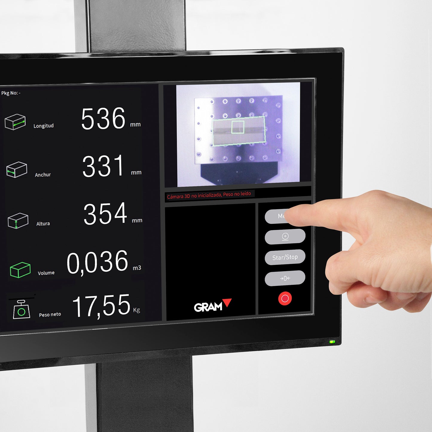 Foto van computerscherm CUBIC ONE, Een geavanceerd contactloos volumesysteem voor het meten van pakketten, de QUBIC ONE, met geïntegreerd weegsysteem, ontvangstplaat en kogellagers om pakketten snel en gemakkelijk te laten glijden.